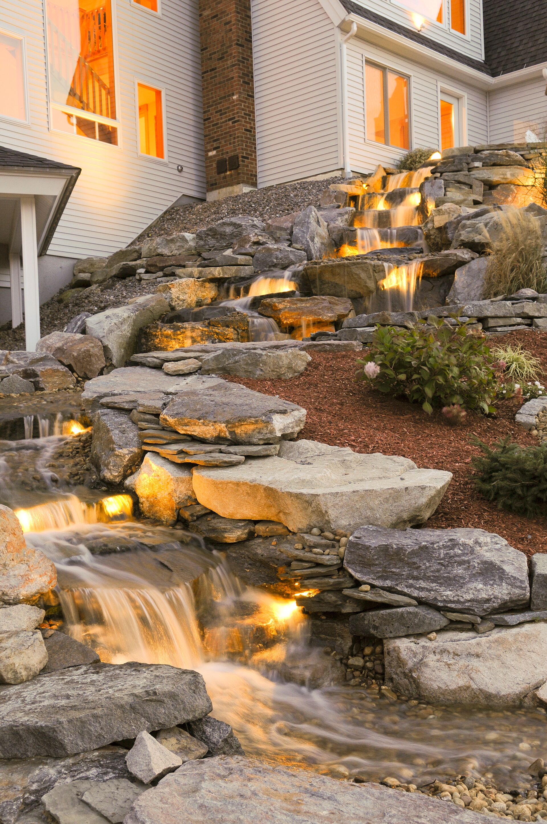 Waterfall with Outdoor Lighting